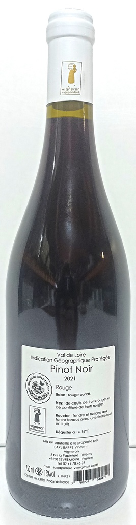 Rouge - Domaine de la Papinière - PINOT NOIR IGP VAL DE LOIRE 2021